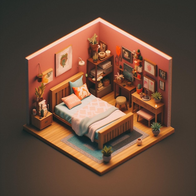3D schattige isometrische slaapkamer