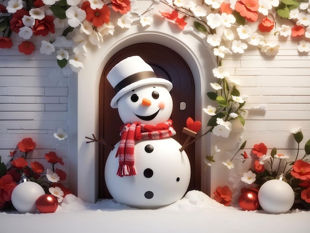 3d schattige sneeuwman in muur bloemen chrismass backgrounChristmas d Kerstdecoratie kleine sneeuwpop