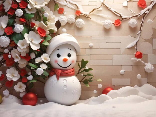 3d schattige sneeuwman in muur bloemen chrismass backgrounChristmas d Kerstdecoratie kleine sneeuwpop