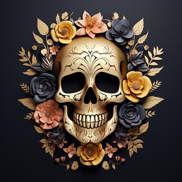 3d schedel in bloei met bloemen op een zwarte achtergrond