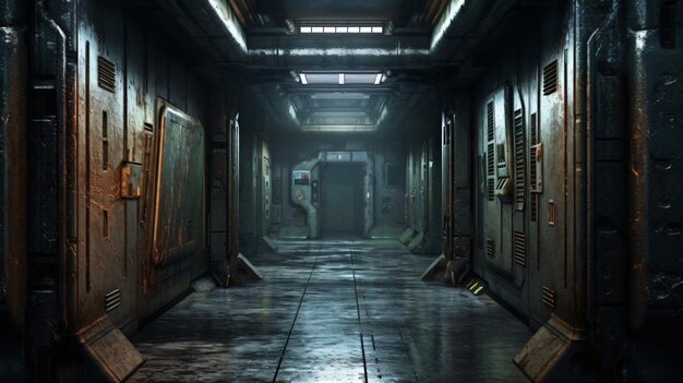 3d sci fi grunge damaged metallic corridor background