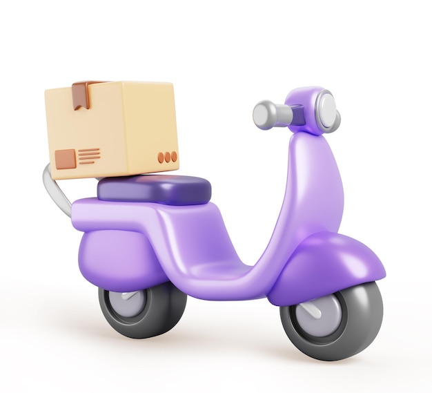 3d scooter delivers box fast delivery service Motorcycle with cardboard package food express shipping order transportation to customers Cartoon render motorbike with parcel post