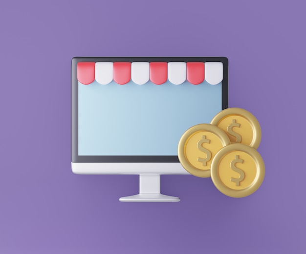 3D screen monitor computer with shop decoration and gold dollar coins. 3D Illustration Rendering.