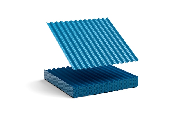 지붕 시트 3d 삽화를 위한 물결 모양 직류 전기를 통한 철의 3d 바다 파란 금속 더미