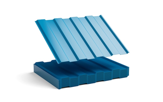 3d Sea Blue Metallic Stacks Of Corrugated Galvanised Iron For Roof Sheets 3d Illustration