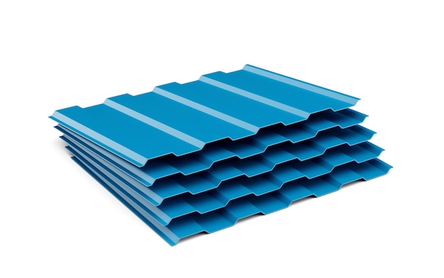 3d Sea Blue Metallic Stacks Of Corrugated Galvanised Iron For Roof Sheets 3d Illustration