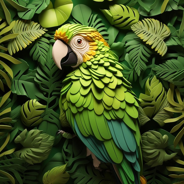 3D seamless bright colored parrot with applique green leaves