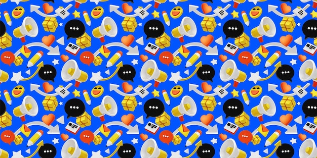 3d seamless pattern with megaphone speech bubble arrow and happy emoji on blue color background 3d design of social media illustration with different element for banner poster web