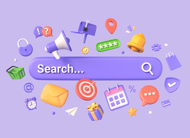 3d search bar surrounded by different elements marketing or online shopping concept commercial activity on the Internet illustration isolated on purple background 3d rendering
