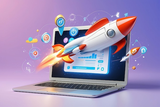 3D-SEO-optimalisatie met raket voor het marketingconcept van sociale media
