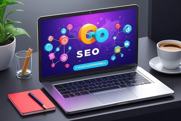 3D SEO-optimalisatie met zoekbalk voor marketing van sociale media-website op laptopconcept