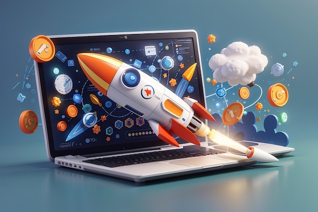 3d seo optimization with rocket for marketing social media concept interface for web analytics strategy and research planing in laptop 3d seo strategy vector icon render illustration