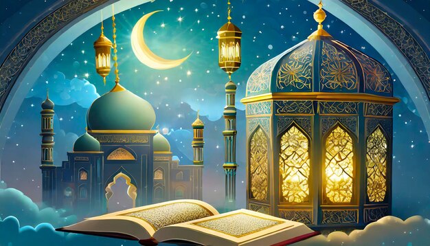 3d serene Islamic holiday banner concept of praying celebration and faith Sliver moonlight