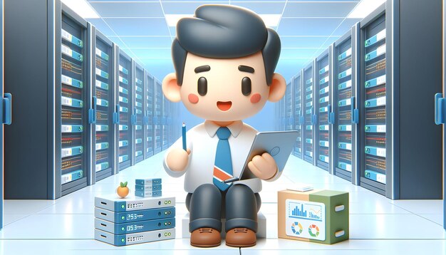 Photo 3d server room efficiency it expert optimizing data center configurations in candid work environmen