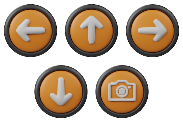 3D Set Button Icon Pijl en Camera met oranje kleur en zwarte rand