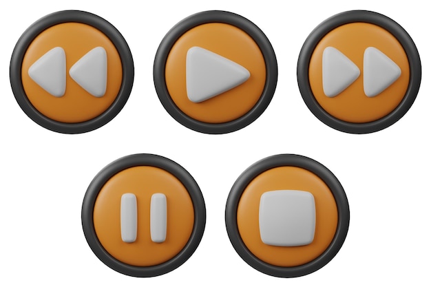 3D Set Button Icon Play Pause en Stop met oranje kleur en zwarte rand