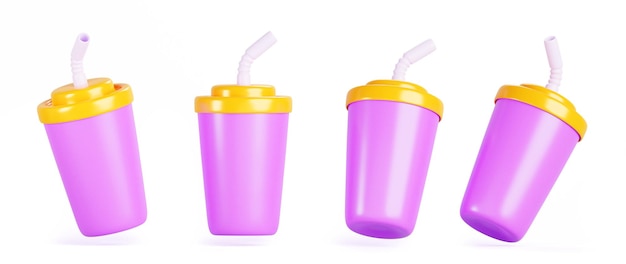 3d set of color plastic cup icons with straw and lid Isolated empty packaging template for cold summer drinks ice tea or coffee fresh beverages juice soda lemonade render mockup