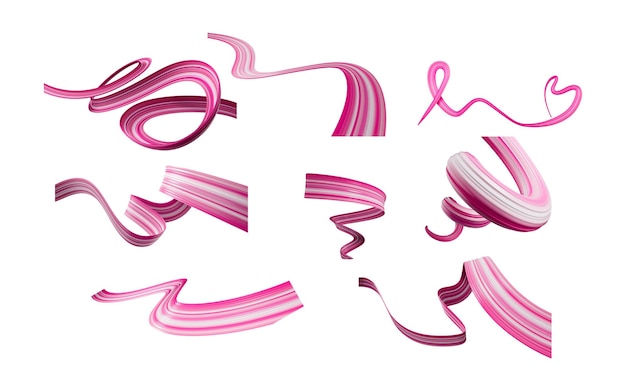 Photo 3d set of different style of pink flags waving ribbon flags on white background 3d illustration