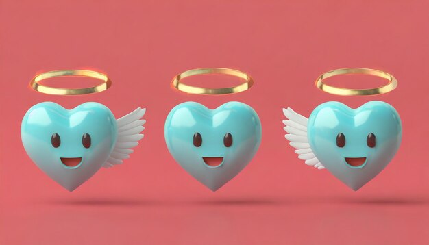 Photo 3d set of emoji hearts with angel wings and halo shining stars pink like emoticon love on valentine