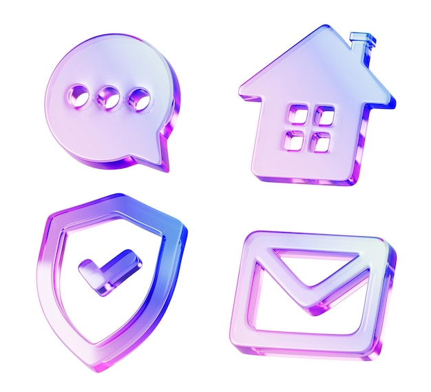 3d set of glass holographic transparent ui icon Render crystal gradient symbols of email envelope shield with tick sign home and speech bubble for business app and web design