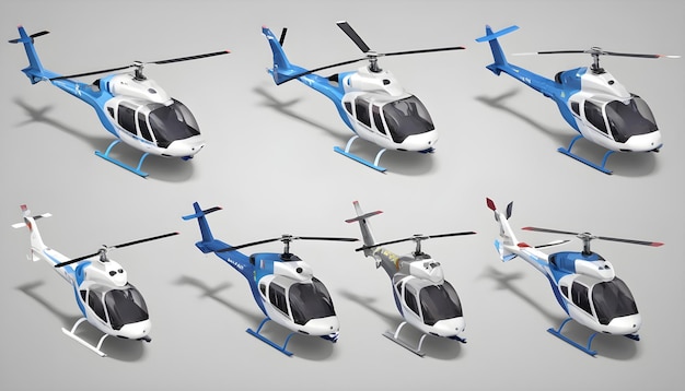 Photo 3d set isometric helicopter various view background white