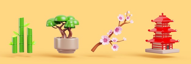 3d set of japanese icon Traditional house or temple cherry blossom branch bamboo sticks flower pot bonsai tree Asian architecture isolated spring design elements Cartoon render