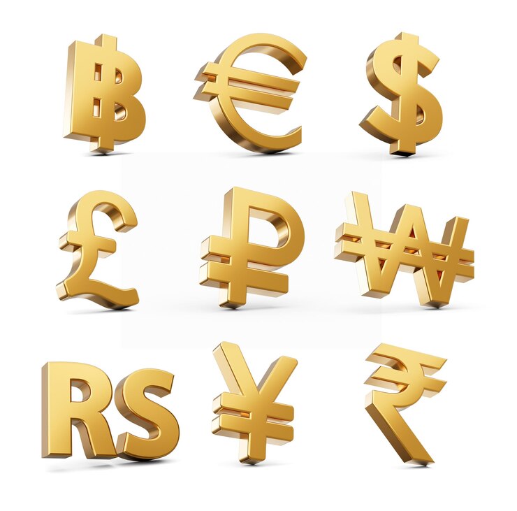 Photo 3d set of nine golden shiny currency symbol icons isolated on white background 3d illustration