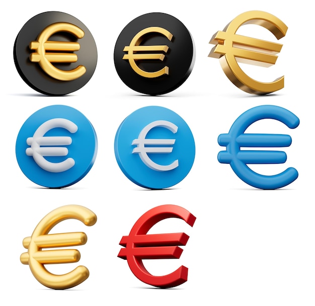 Фото 3d набор из восьми различных стилей символа евро с округлыми иконками на белом фоне 3d иллюстрация