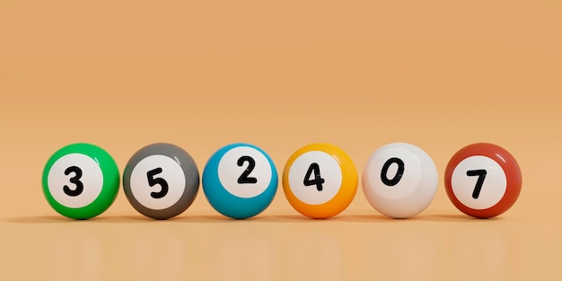 3d set of six colorful lottery balls lying on the surface with a beige background Winning number