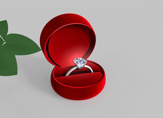 白い背景のリング ボックスに 3 d の光沢のあるダイヤモンド リング
