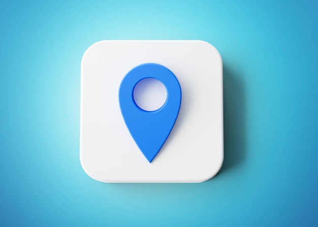3d shiny golden light with square white and blue location icon on blue background 3d illustration