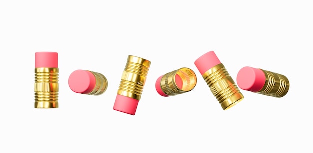 Photo 3d shiny golden metallic ferrules with soft pink erasers on white background 3d illustration