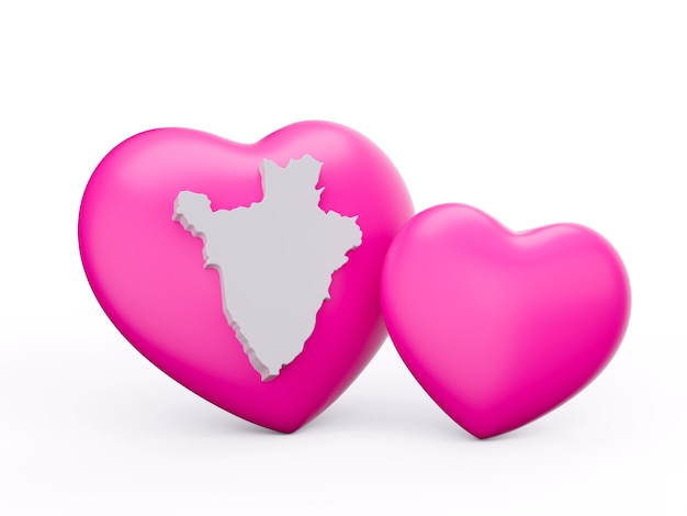 3d Shiny Pink Hearts With 3d White Map Of Burundi Isolated On White Background 3d illustration