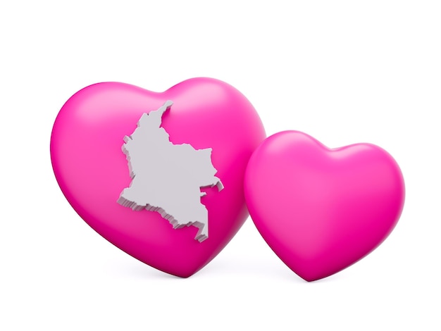 3d Shiny Pink Hearts With 3d White Map Of Colombia Isolated On White Background 3d illustration