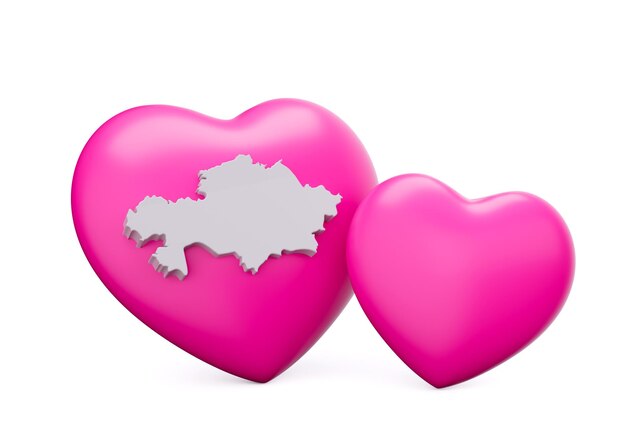 3d Shiny Pink Hearts With 3d White Map Of Kazakhstan Isolated On White Background 3d illustration