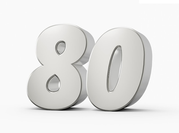 Photo 3d shiny silver number 80 eighty 3d silver number isolated on white background 3d illustration