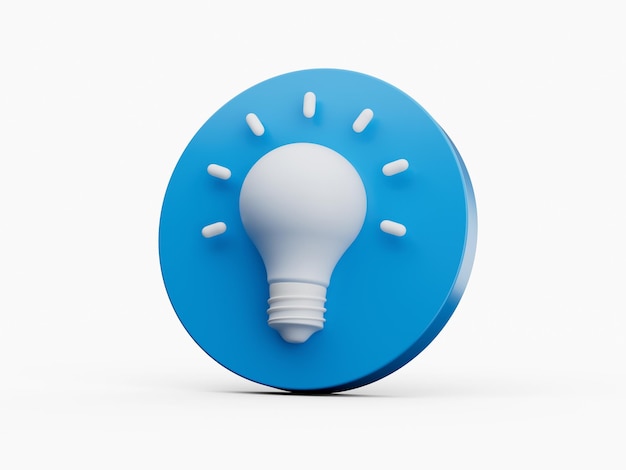 Символ блестящей белой лампочки с закругленным синим значком Креативная концепция Идея 3D иллюстрация