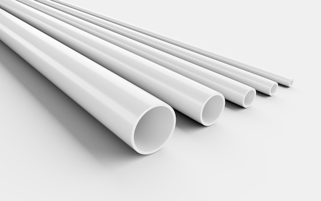 3d shiny white pvc pipes of different diameters plumbing concept on white background 3d illustration