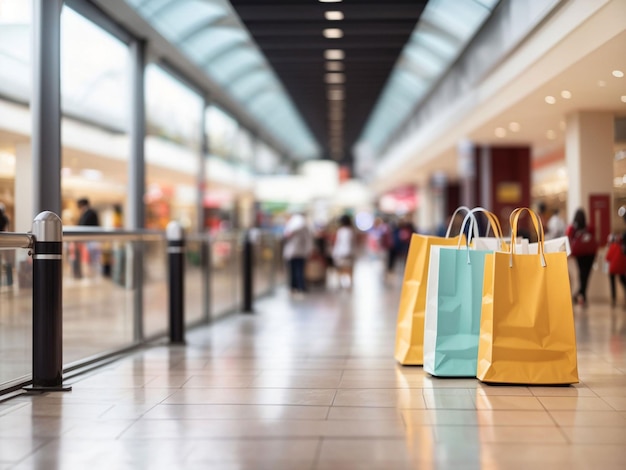 3d shopping bags in line in shopping mall