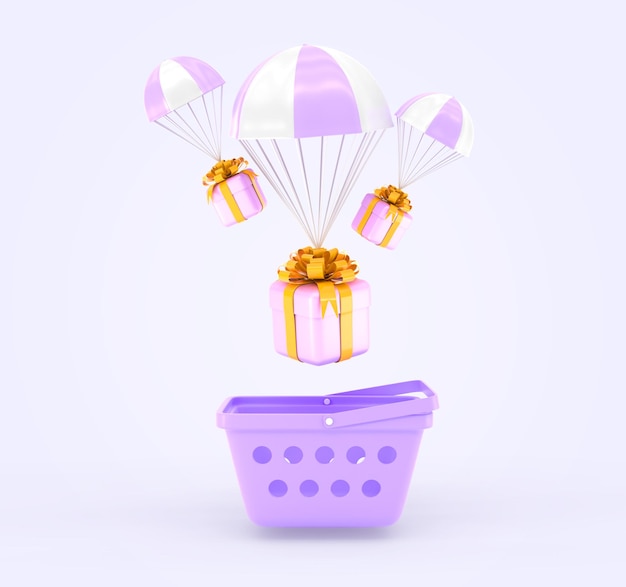 3D Shopping basket and flying parachutes with purple gift boxes Concept of fast delivery from online shop holiday present with golden ribbons and bows free order shipping service