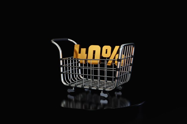 Photo 3d shopping basket shop cart and promotional labels on black background shopping bag buy sell discount 3d illustration