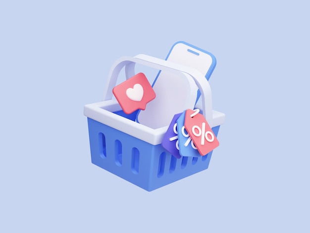 Photo 3d shopping basket with mobile phone and discount coupons