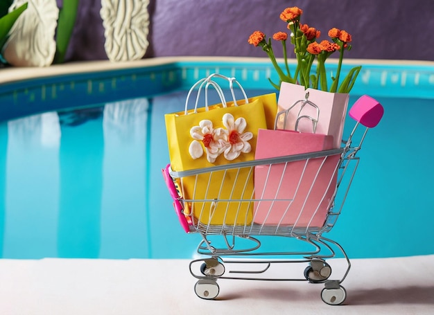 3d shopping cart falling shopping bags and flowers on pool