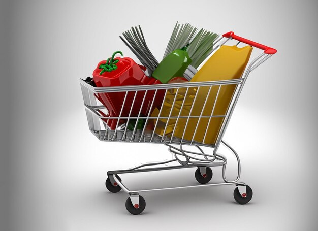 3d shopping cart fill with grocery bright background