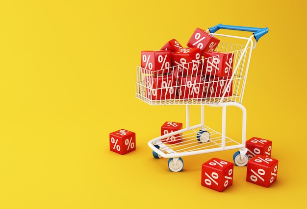 3d Shopping cart with discount cubes.