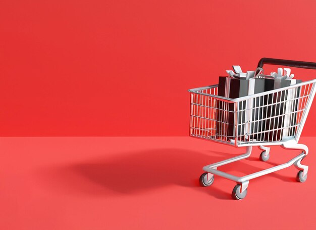 3d shopping cart with gifts with red water texture background red