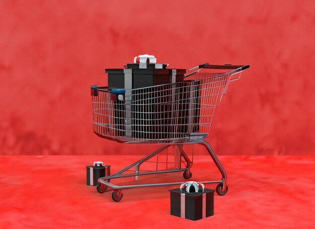 3d shopping cart with gifts with red water texture background