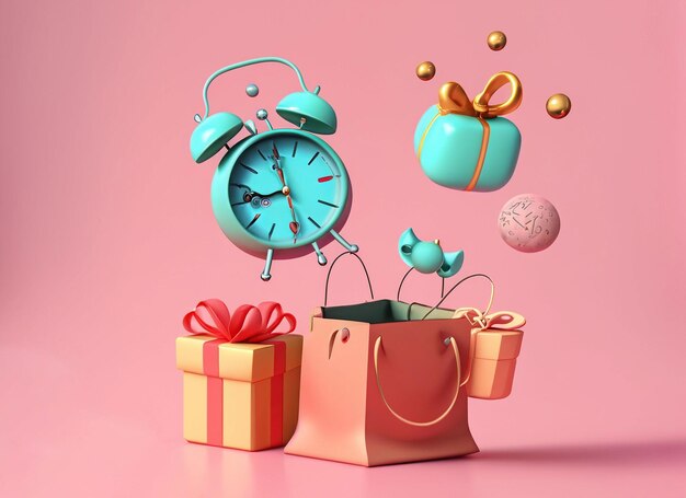 3d shopping theme collection including floating gift box shopping bag and twin bell alarm clock on pink background