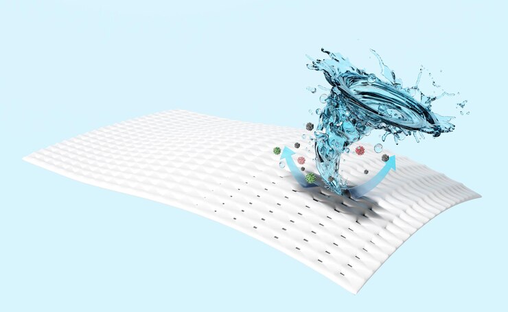 Photo 3d show liquid detergent washing with a whirlpool vortex water rotating on the fabric fiber surface advertising illustration clean with washing powder isolated on blue background 3d render