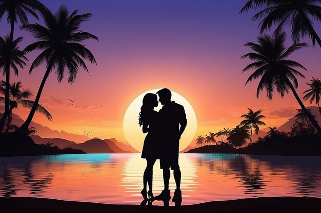 Foto silhouette 3d di una coppia innamorata contro un paesaggio di tramonto tropicale